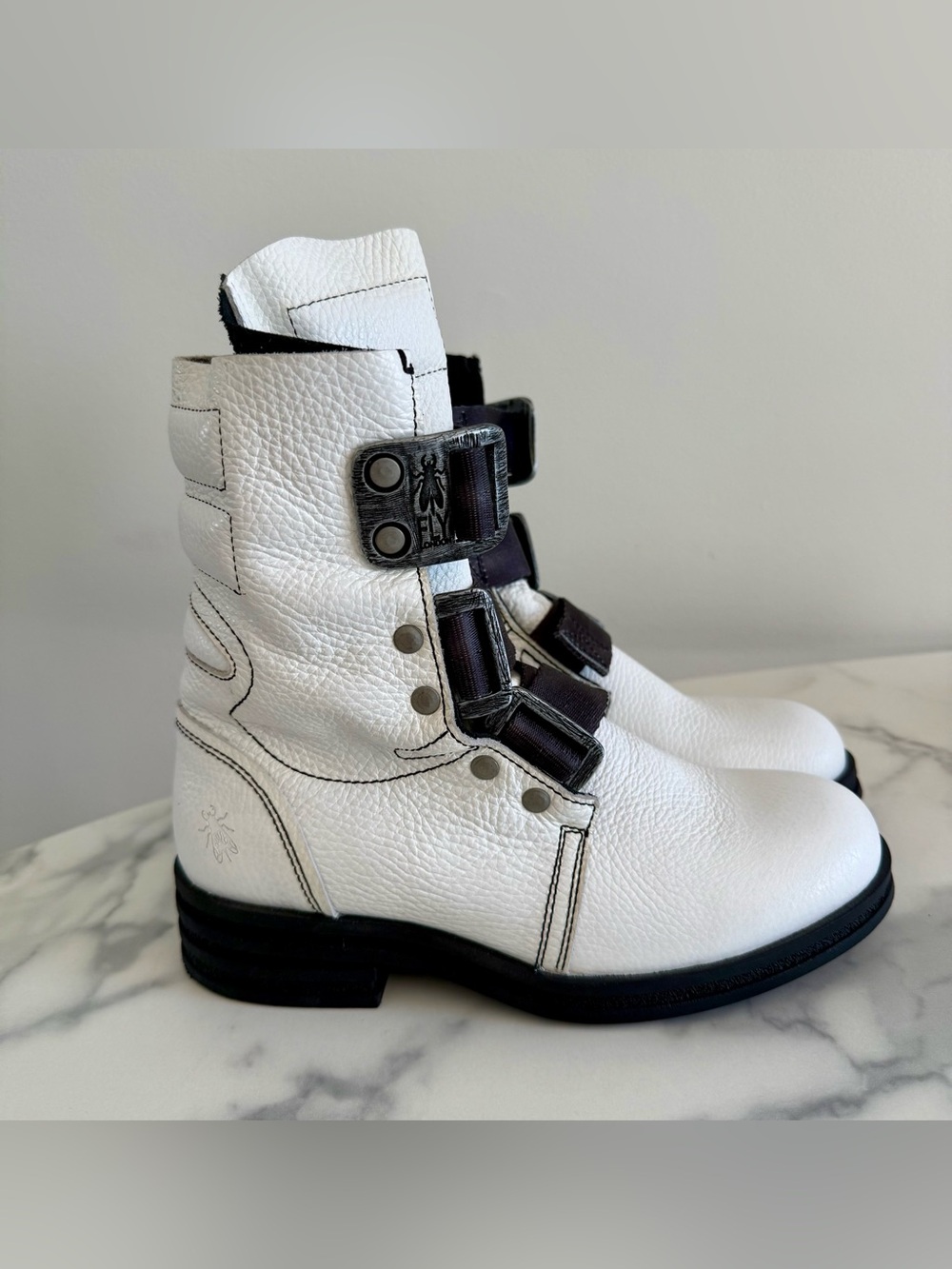 Fly London White Leather Combat Boots with Black Straps